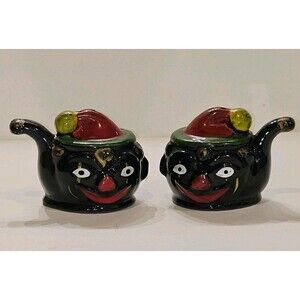 Vtg Thames Redware Clown Teapot Salt  Pepper Shaker Set Empress Japan Black Face